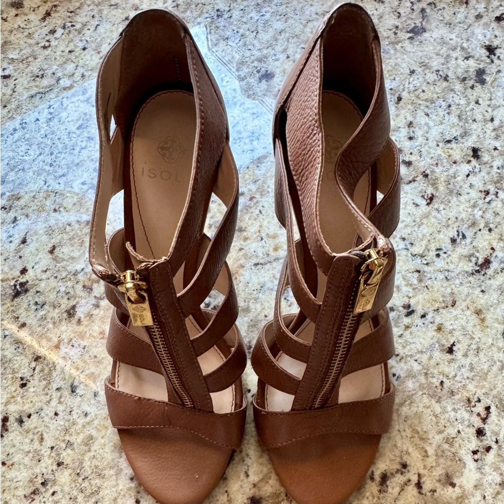 Isola Steffi Cage Front Gold Zip Black Heeled Leather Pumps Size 8